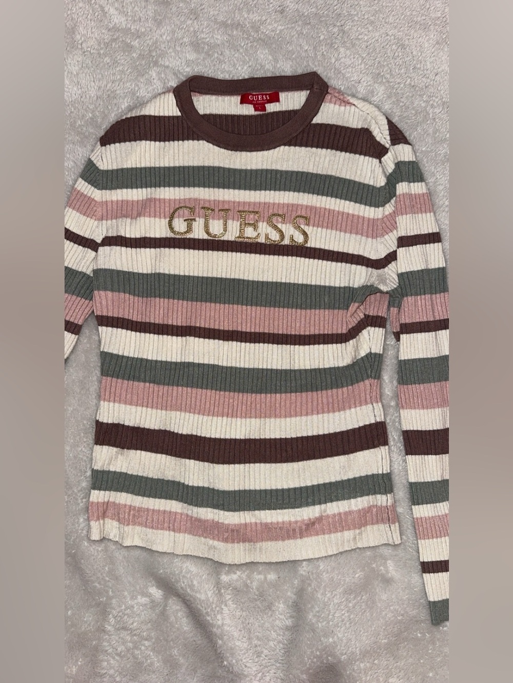 GUESS Cream, Pink, Mauve & Gray Striped Ribbed Sweater